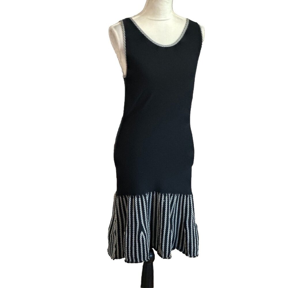 INC Black Rib Knit  Tank Sweater Ruffle Striped  Midi Dress M Work Office Goth